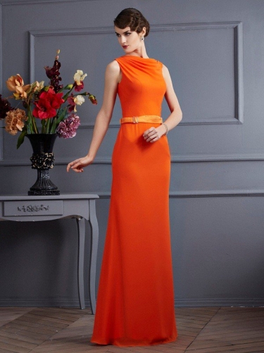 Sheath/Column High Neck Sleeveless Sash/Ribbon/Belt Long Chiffon Dresses