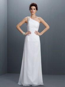 Sheath/Column One-Shoulder Beading Sleeveless Long Chiffon Dresses