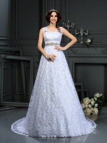 A-Line/Princess V-neck Lace Sleeveless Long Satin Wedding Dresses