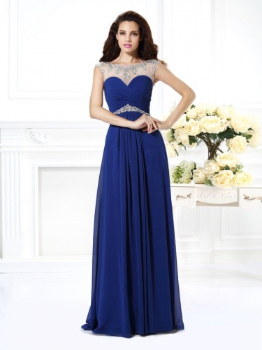 A-Line/Princess Bateau Beading Sleeveless Long Chiffon Dresses