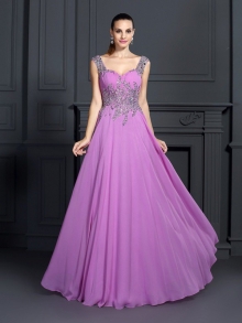 A-Line/Princess Straps Beading Sleeveless Long Chiffon Dresses