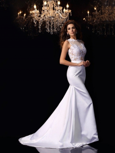 Trumpet/Mermaid High Neck Applique Sleeveless Long Satin Wedding Dresses [50322]