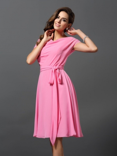 A-Line/Princess Scoop Sash/Ribbon/Belt Short Sleeves Short Chiffon Bridesmaid Dresses [50467]