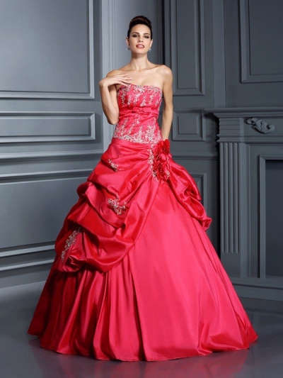 Ball Gown Strapless Applique Sleeveless Long Taffeta Quinceanera Dresses