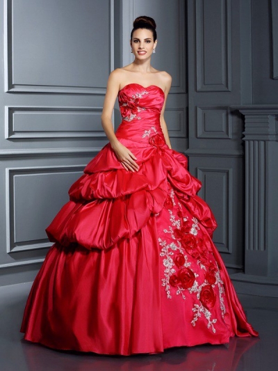 Ball Gown Sweetheart Hand-Made Flower Sleeveless Long Taffeta Quinceanera Dresses [50712]