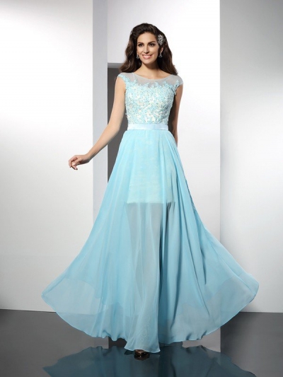 A-Line/Princess Bateau Applique Sleeveless Long Chiffon Dresses