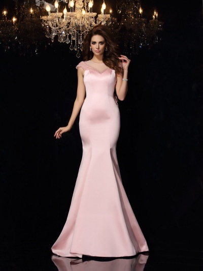 Trumpet/Mermaid Scoop Beading Sleeveless Long Satin Dresses [51238]
