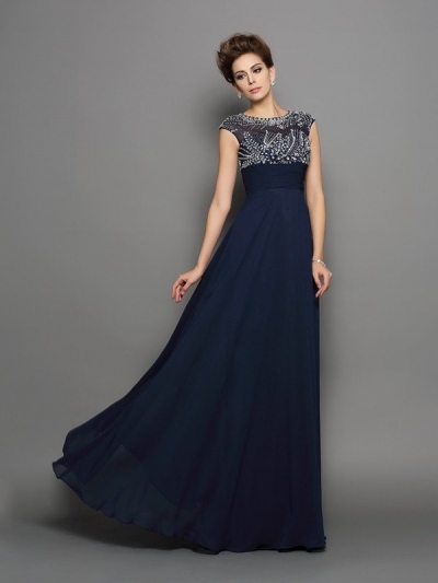 A-Line/Princess Scoop Beading Short Sleeves Long Chiffon Dresses [51244]