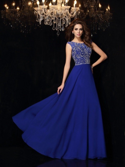 A-Line/Princess Scoop Beading Sleeveless Long Chiffon Dresses [51249]