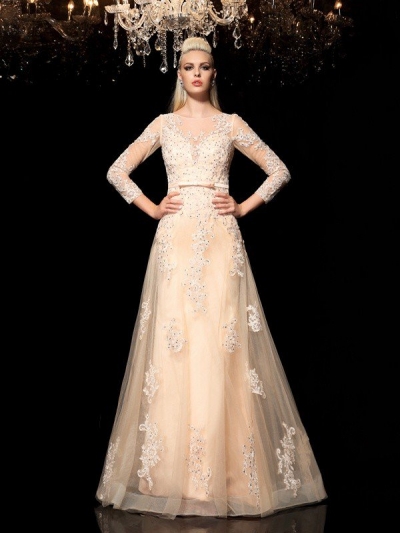 A-Line/Princess Sheer Neck Applique Long Sleeves Long Satin Dresses [60053]