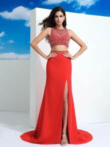 Sheath/Column Scoop Beading Sleeveless Long Chiffon Two Piece Dresses