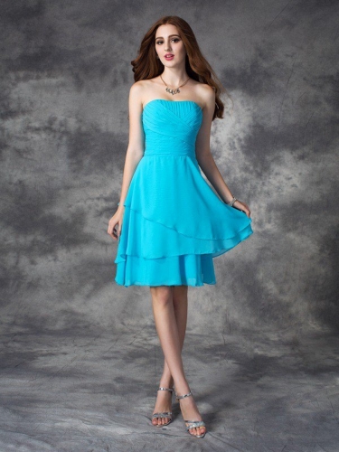 A-line/Princess Strapless Ruffles Sleeveless Short Chiffon Bridesmaid Dresses