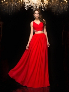 A-Line/Princess V-neck Beading Sleeveless Long Chiffon Two Piece Dresses