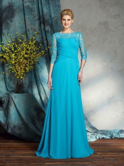 A-Line/Princess Bateau Applique 3/4 Sleeves Long Chiffon Mother of the Bride Dresses [60514]