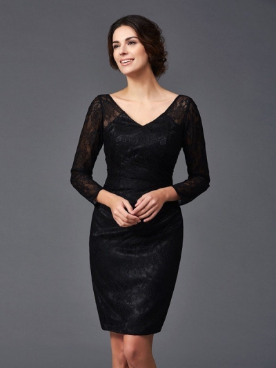 Sheath/Column V-neck Lace Long Sleeves Short Elastic Woven Satin Mother of the Bride Dresses [60536]