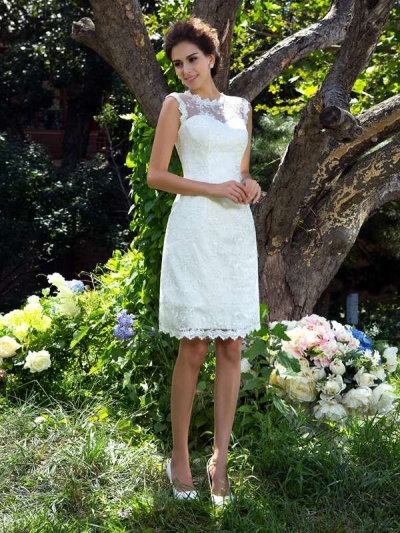 A-Line/Princess Sheer Neck Applique Sleeveless Short Satin Wedding Dresses [60675]