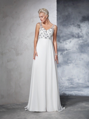 A-Line/Princess V-neck Beading Sleeveless Long Chiffon Wedding Dresses