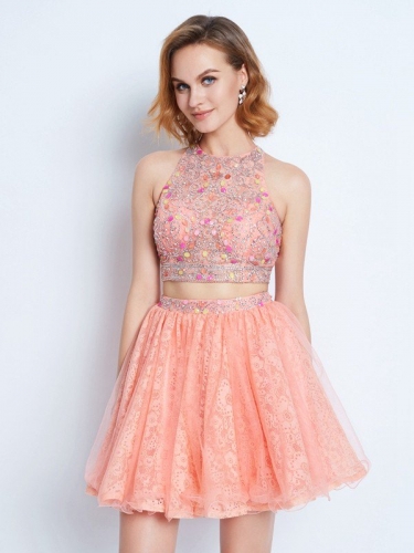 A-Line/Princess Jewel Sleeveless Lace Beading Short/Mini Two Piece Dresses