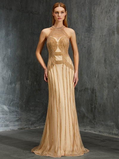 Sheath/Column High Neck Sleeveless Sweep/Brush Train Beading Net Dresses [70106]