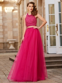 A-Line/Princess Halter Beading Sleeveless Tulle Floor-Length Two Piece Dresses