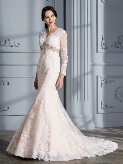 Trumpet/Mermaid V-Neck Beading Long Sleeves Sweep/Brush Train Organza Wedding Dresses [71011]