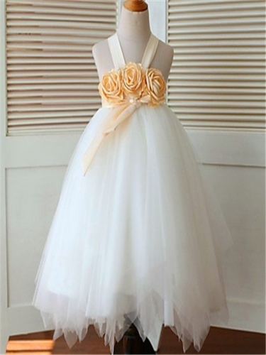 Ball Gown Sleeveless Straps Hand-made Flower Tea-Length Tulle Flower Girl Dresses