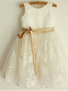 A-line/Princess Scoop Sleeveless Bowknot Tea-Length Lace Flower Girl Dresses