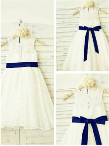 A-line/Princess Scoop Sleeveless Bowknot Floor-Length Lace Flower Girl Dresses