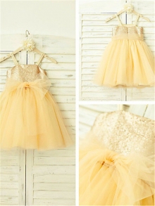 A-line/Princess Spaghetti Straps Sleeveless Sequin Tea-Length Tulle Flower Girl Dresses