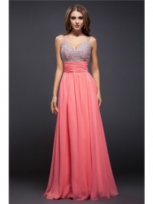 Sheath/Column Spaghetti Straps Beading Sleeveless Long Chiffon Dresses