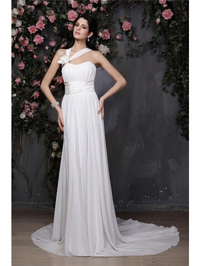 Sheath/Column Halter Sleeveless Hand-Made Flower Pleats Long Chiffon Wedding Dresses