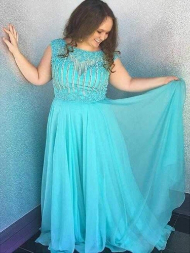 A-Line/Princess Bateau Sleeveless Beading Sweep/Brush Train Chiffon Plus Size Dresses