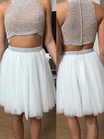 A-Line/Princess Sleeveless High Neck Tulle Beading Short/Mini Two Piece Dresses [PO16033PO395]