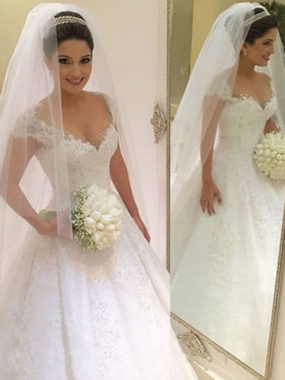 Ball Gown Sleeveless V-neck Beading Floor-Length Tulle Wedding Dresses [PO16033PO505]