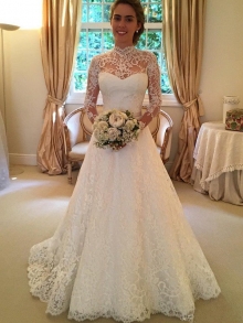 Ball Gown High Neck Long Sleeves Lace Court Train Wedding Dresses