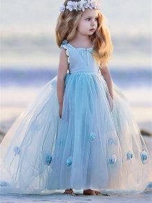 Ball Gown Bateau Sleeveless Hand-Made Flower Floor-Length Tulle Flower Girl Dresses