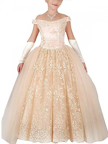 Ball Gown Off-the-Shoulder Sleeveless Applique Floor-Length Tulle Flower Girl Dresses