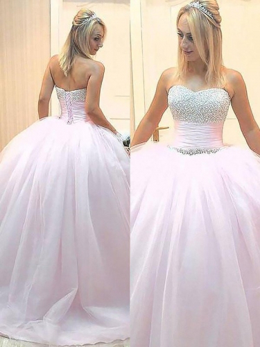 Ball Gown Sleeveless Sweetheart Beading Floor-Length Tulle Dresses