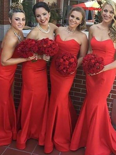 Trumpet/Mermaid Sweetheart Floor-Length Sleeveless Satin Bridesmaid Dresses