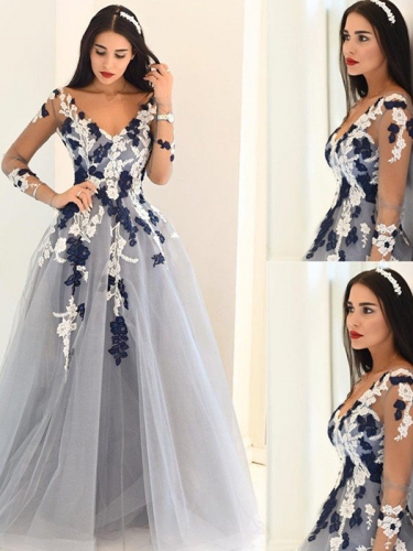 A-Line/Princess V-Neck Long Sleeves Applique Tulle Sweep/Brush Train Dresses