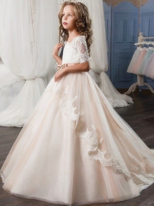 Ball Gown Off-the-Shoulder Short Sleeves Tulle Sash/Ribbon/Belt Flower Girl Dresses