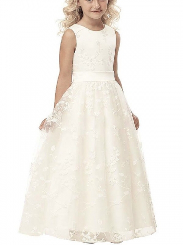 A-line/Princess Scoop Sleeveless Applique Tulle Floor-Length Flower Girl Dresses