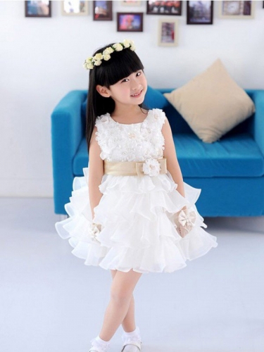 A-line/Princess Scoop Sleeveless Hand-made Flower Short Organza Flower Girl Dresses