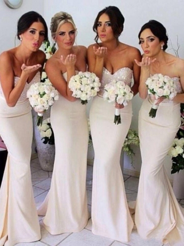 Trumpet/Mermaid Sweetheart Sleeveless Beading Floor-length Satin Bridesmaid Dress