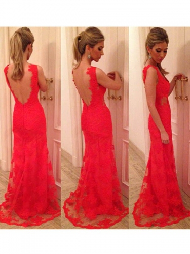 Trumpet/Mermaid V-neck Applique Sleeveless Lace Backless Floor-length Dress