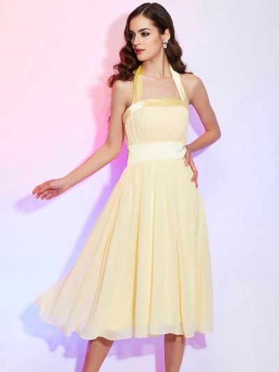 A-Line/Princess Halter Sleeveless Pleats Short Chiffon Bridesmaid Dresses [40338]