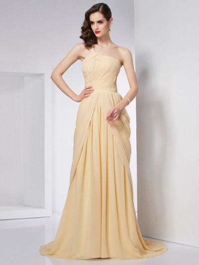 A-Line/Princess One-Shoulder Sleeveless Pleats Long Chiffon Dresses [40476]
