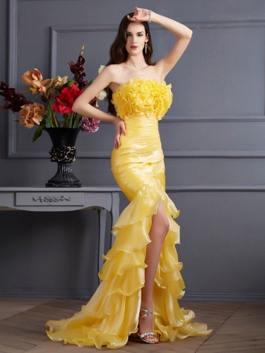 Trumpet/Mermaid Strapless Sleeveless Ruffles Long Tulle Dresses