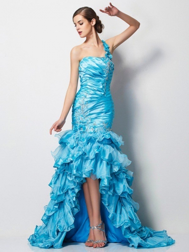 Trumpet/Mermaid One-Shoulder Sleeveless Beading High Low Taffeta Dresses