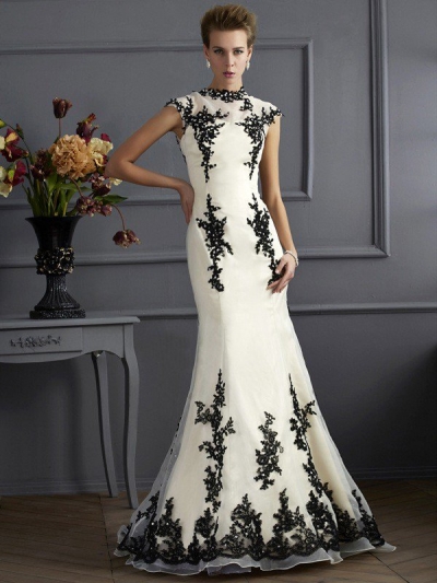 Trumpet/Mermaid High Neck Short Sleeves Applique Long Chiffon Mother of the Bride Dresses [40610]